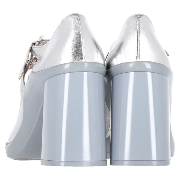 Prada Double Strap Mary Jane Block-Heeled Pumps in Silver Leather - Picture 10 of 12